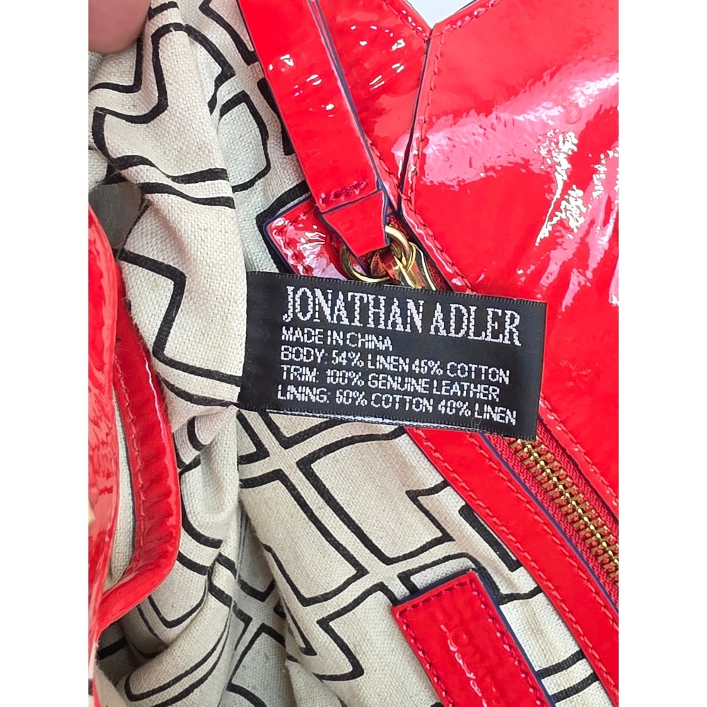 Jonathan Adler Red Patent Leather Trim Linen Cotton Canvas Geometric Tote Bag - Picture 5 of 7
